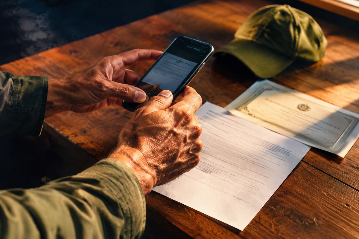 Mãos segurando um celular fotografando um documento e um certificado sobre a mesa